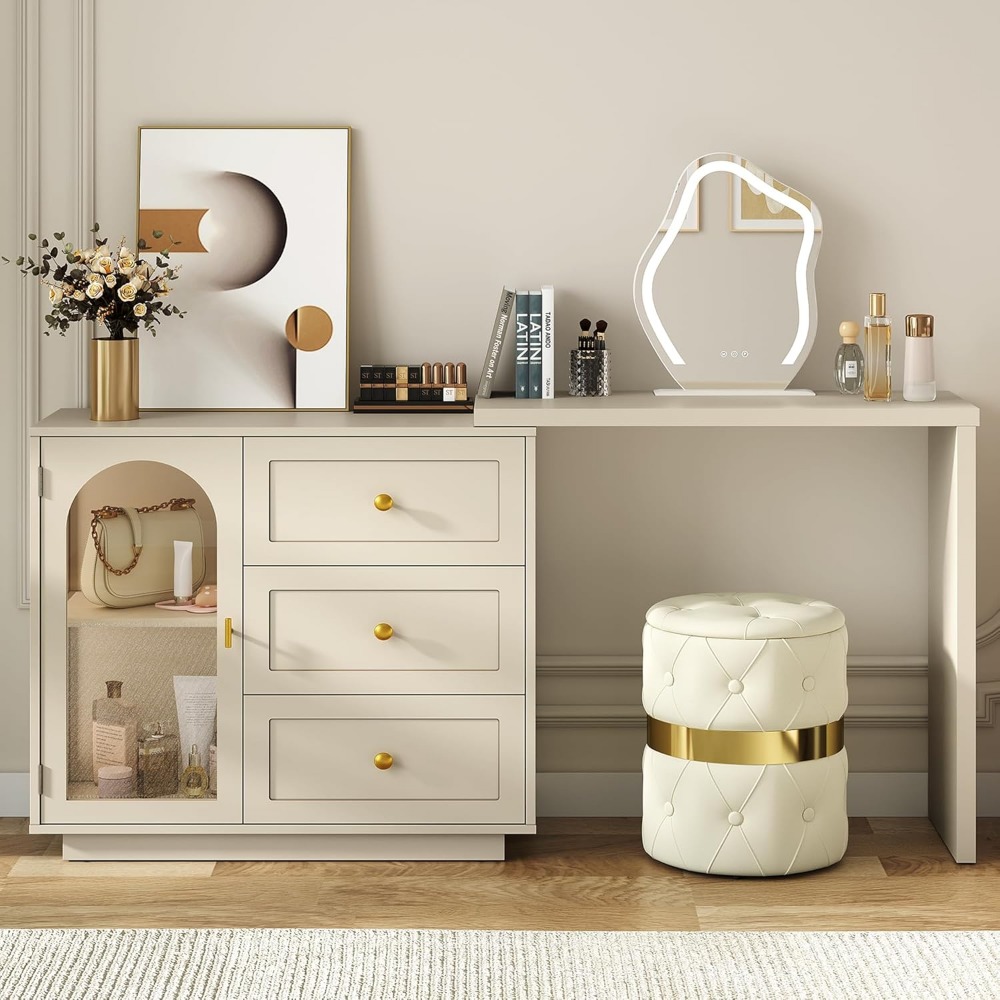 Desk Setup Beige - 59” Large Makeup Vanity Desk, Beige