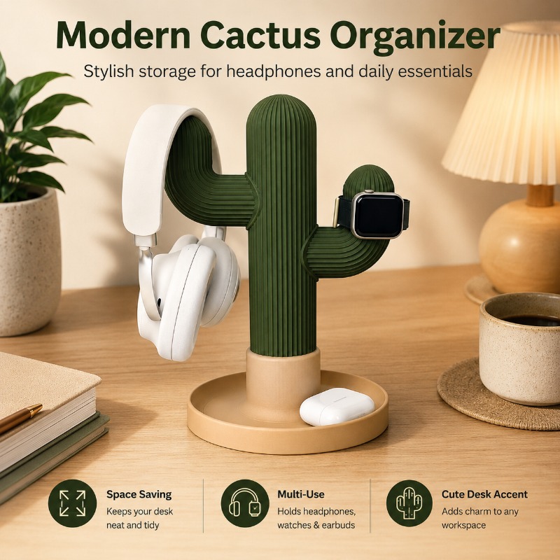 Desk Setup Organization - Minimalist Cactus Headset Stand Multi Use
