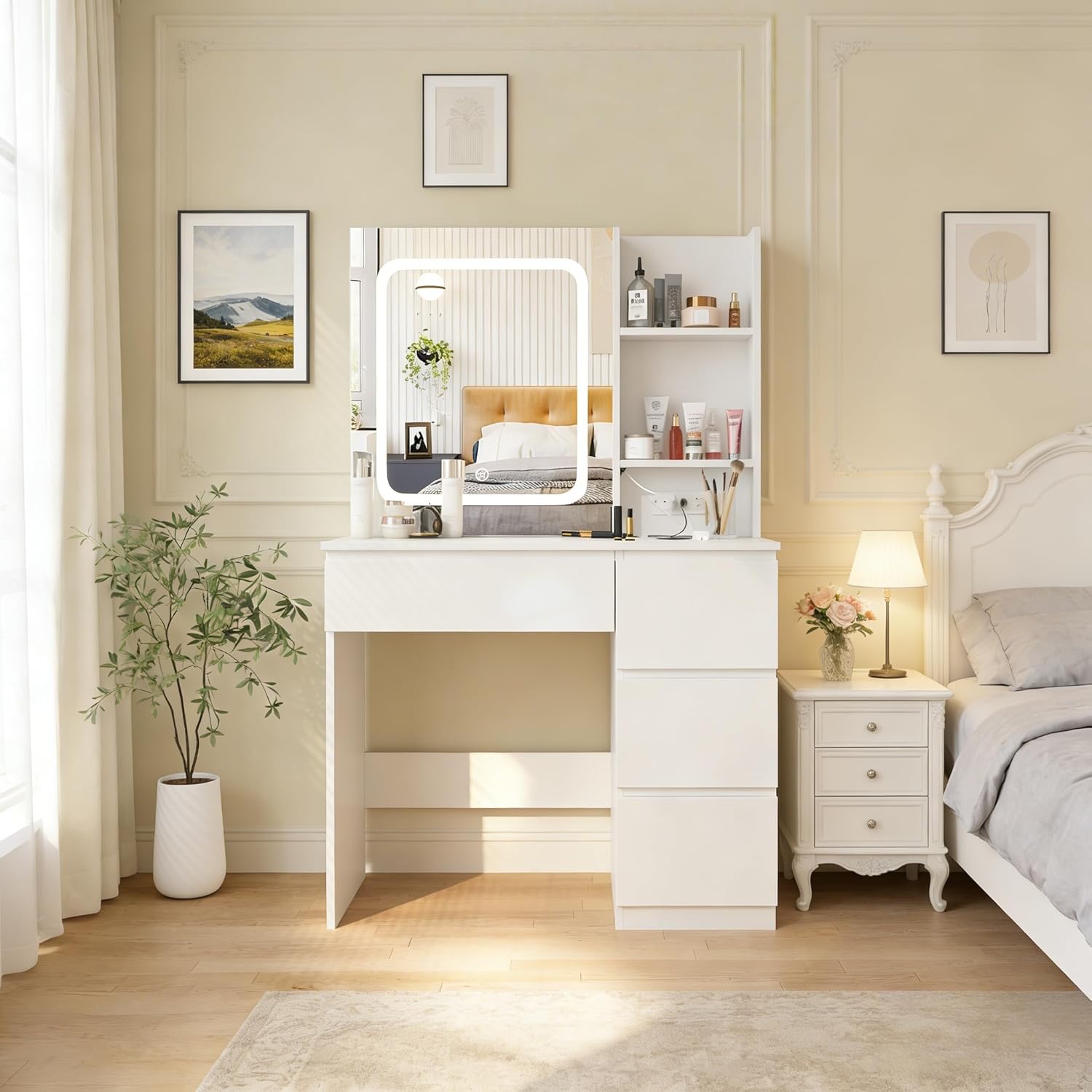 Make Up Vanity Desk with Charg - Desk Setup Charging Station reseña y precio