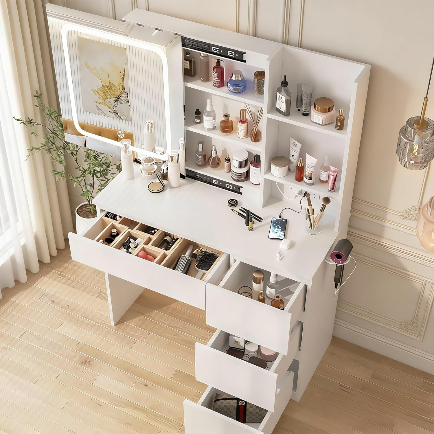 Make Up Vanity Desk with Charg - Desk Setup Charging Station reseña y precio