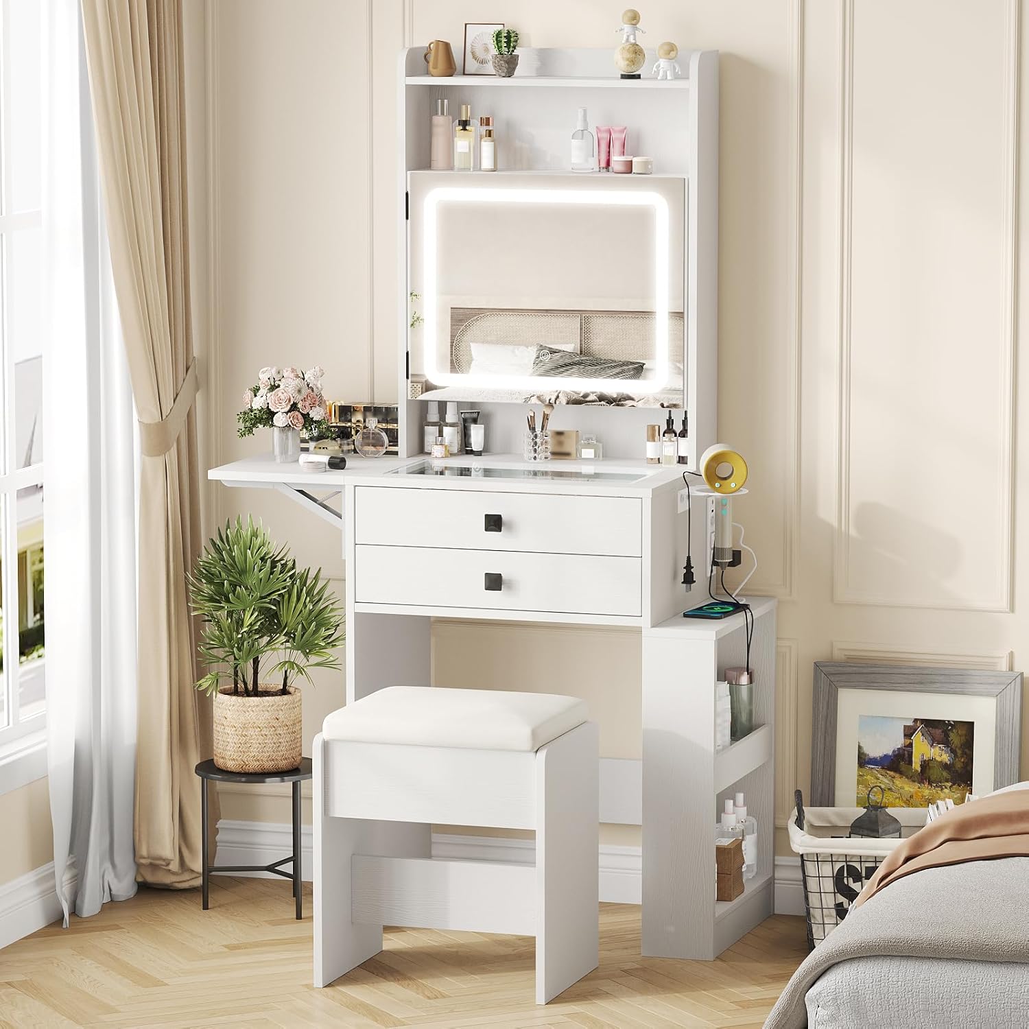 Small Makeup Vanity Desk with  - Desk Setup Charging Station reseña y precio