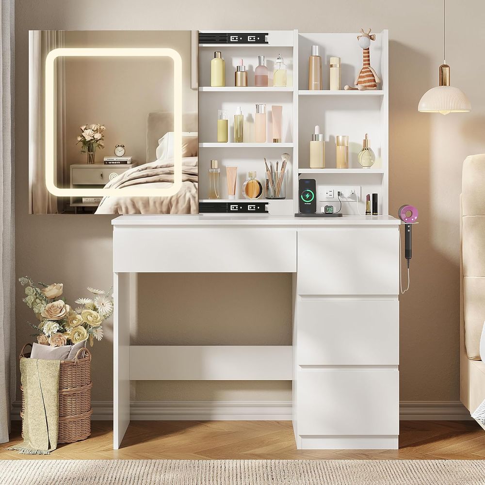 Vabches Make Up Vanity Desk wi - Desk Setup Charging Station reseña y precio