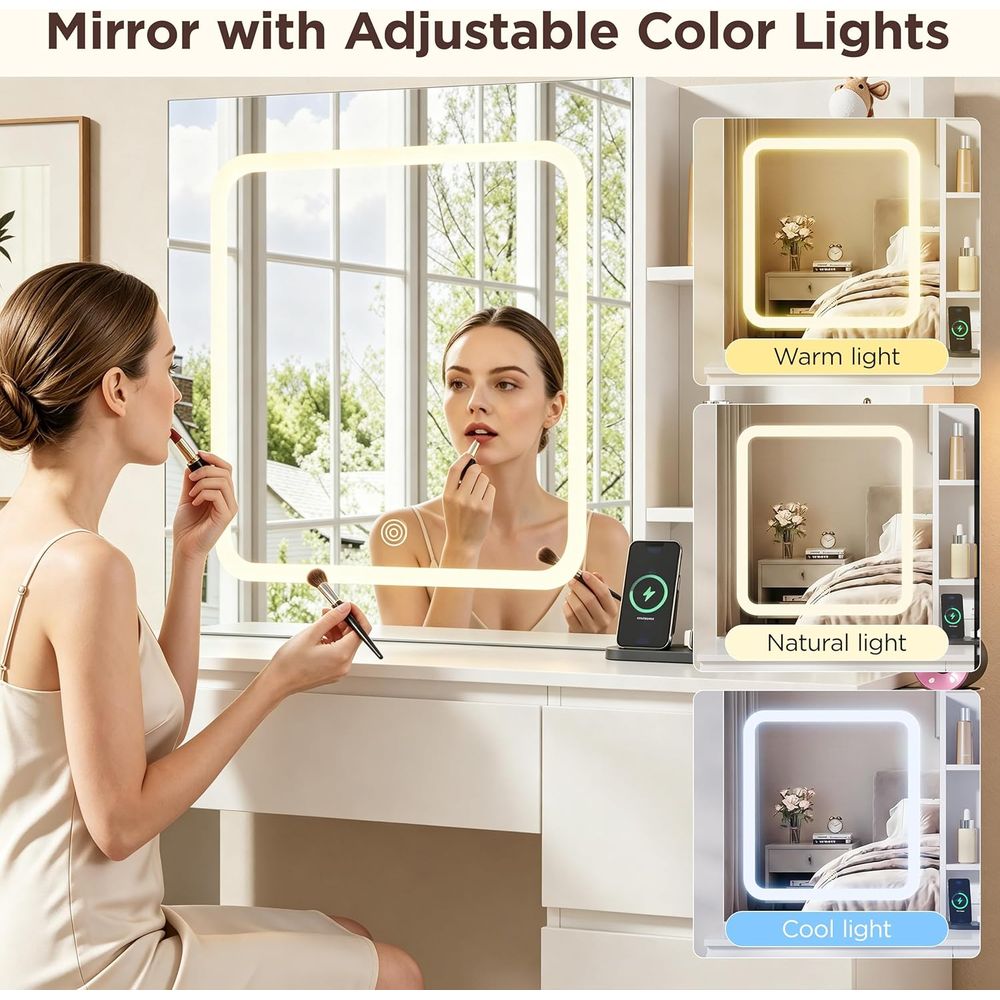 Vabches Make Up Vanity Desk wi - Desk Setup Charging Station reseña y precio