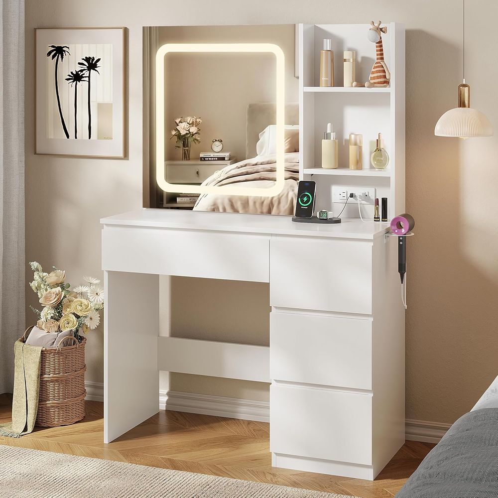Vabches Make Up Vanity Desk wi - Desk Setup Charging Station reseña y precio