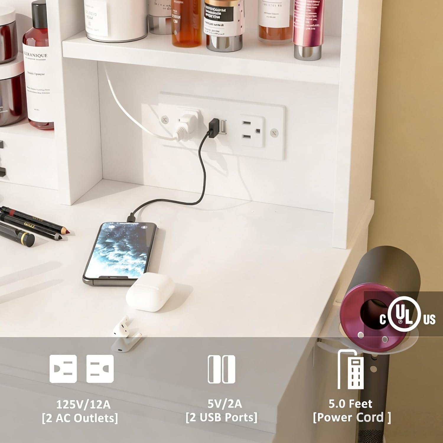 Make Up Vanity Desk with Charg - Desk Setup Charging Station reseña y precio