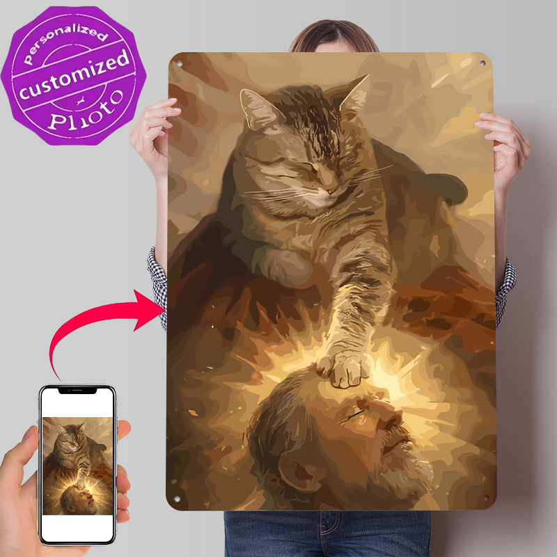 Cat Blessing a Man Tinplate Po - Desk Setup Vintage reseña y precio