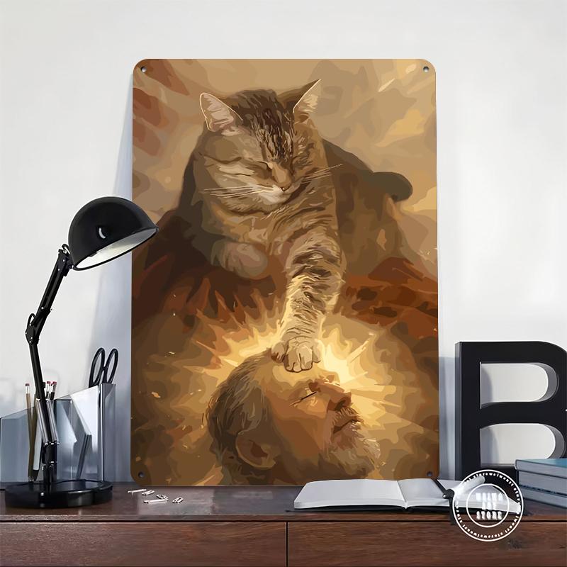 Cat Blessing a Man Tinplate Po - Desk Setup Vintage reseña y precio