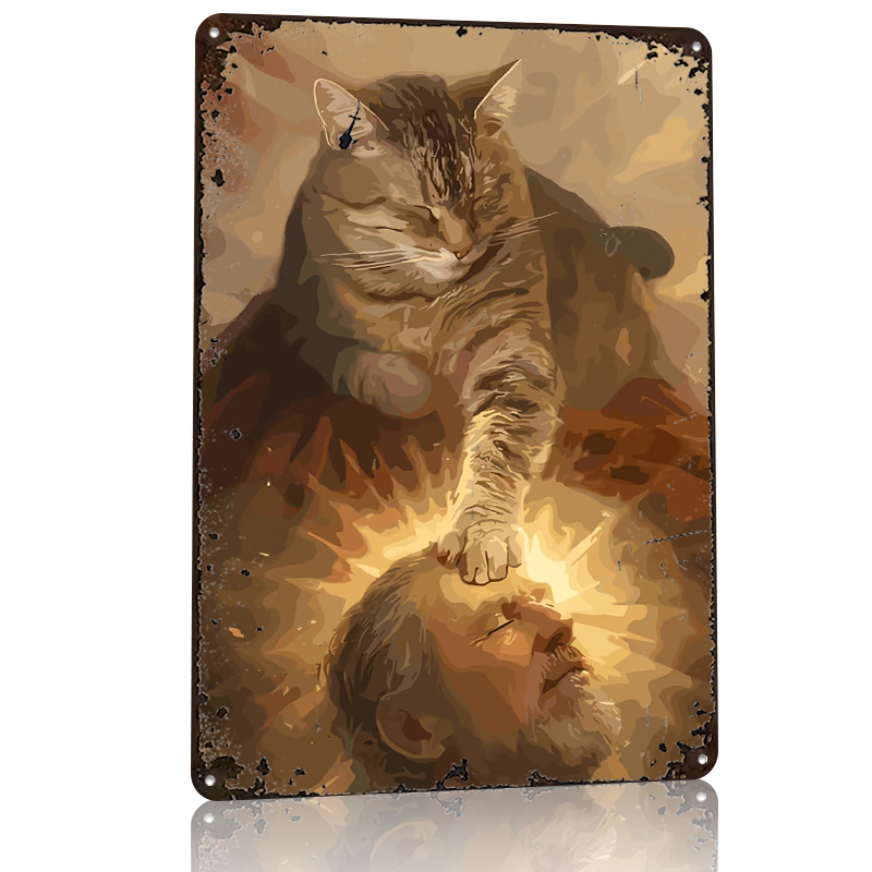 Cat Blessing a Man Tinplate Po - Desk Setup Vintage reseña y precio